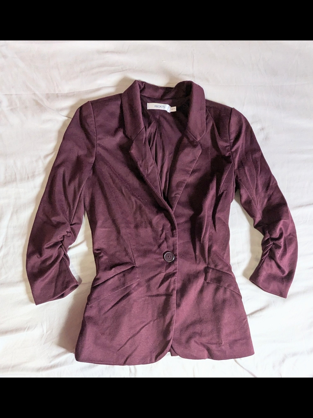 Ricki's GUC Plum/Burgundy Ruched 3/4 Sleeve Blazer Knit Suit Jacket Size XSmall